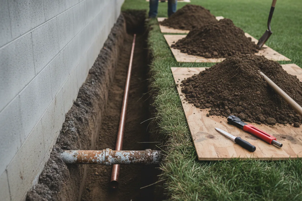 Excavated water line trench during Water Heater Repair in Shoshone